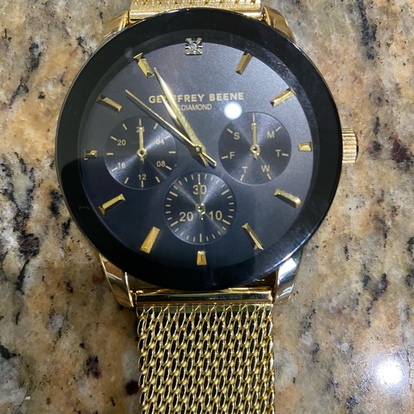 Other - Geoffrey Beene Gold-Tone Mesh Bracelet Watch with Black Dial